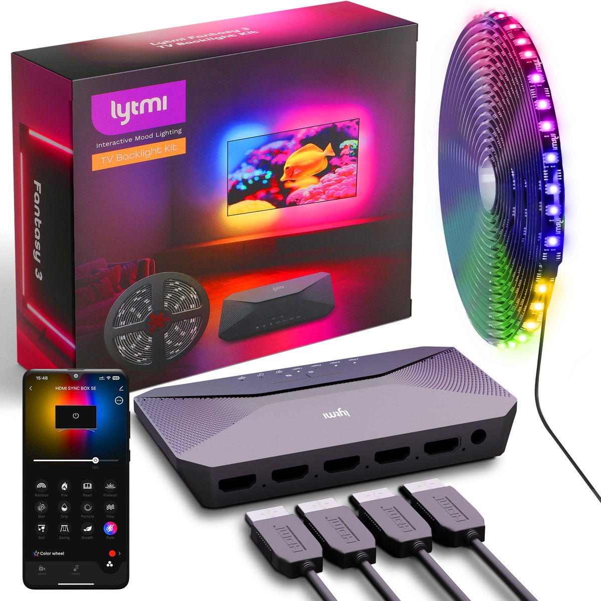 LED Strip + Neo Box Lytmi Fantasy 3 TV Backlight Kit HDMI 2.1 for 75-80 Inch TVs, Sync Box