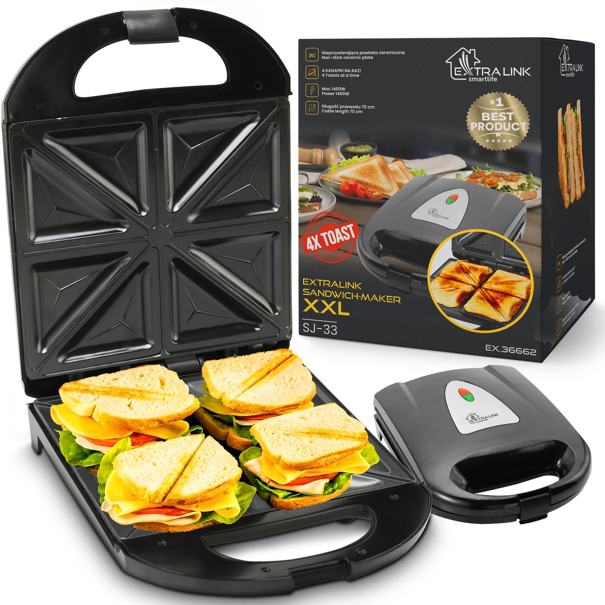 Extralink Smart Life XXL Sandwich Maker SJ-33, 1400W, 4-Slice Toaster