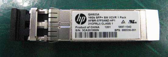 Hewlett Packard Enterprise 16Gb Fibre Channel SFP+ transceiver, multi-mode fiber, 850nm wavelength, 100m range, supports 4.25-14.025 Gbps data rates.