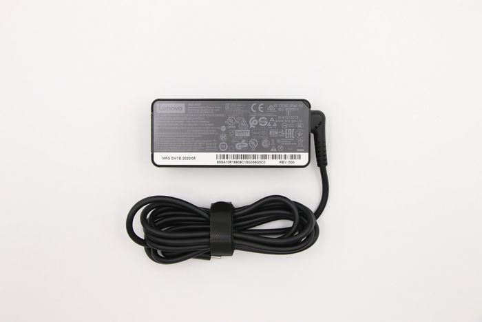 Lenovo 45W USB-C charger for Lenovo laptops, supports multiple voltage levels: 20V, 15V, 9V, and 5V.