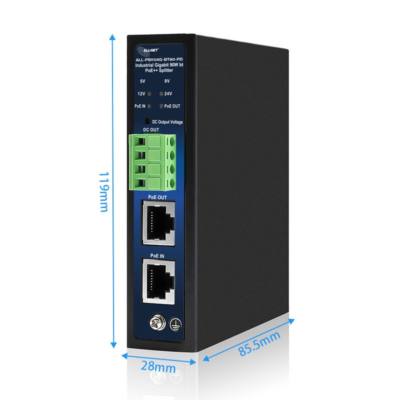 ALLNET PoE Splitter/Extractor industrial &bull 1x GbE PoE BT IN &bull 1x GbE PoE Out &bull 5V/9V/12V/24V adjustable &bull DIN-Rail &bull ALL-PSI104G-BT90-PD