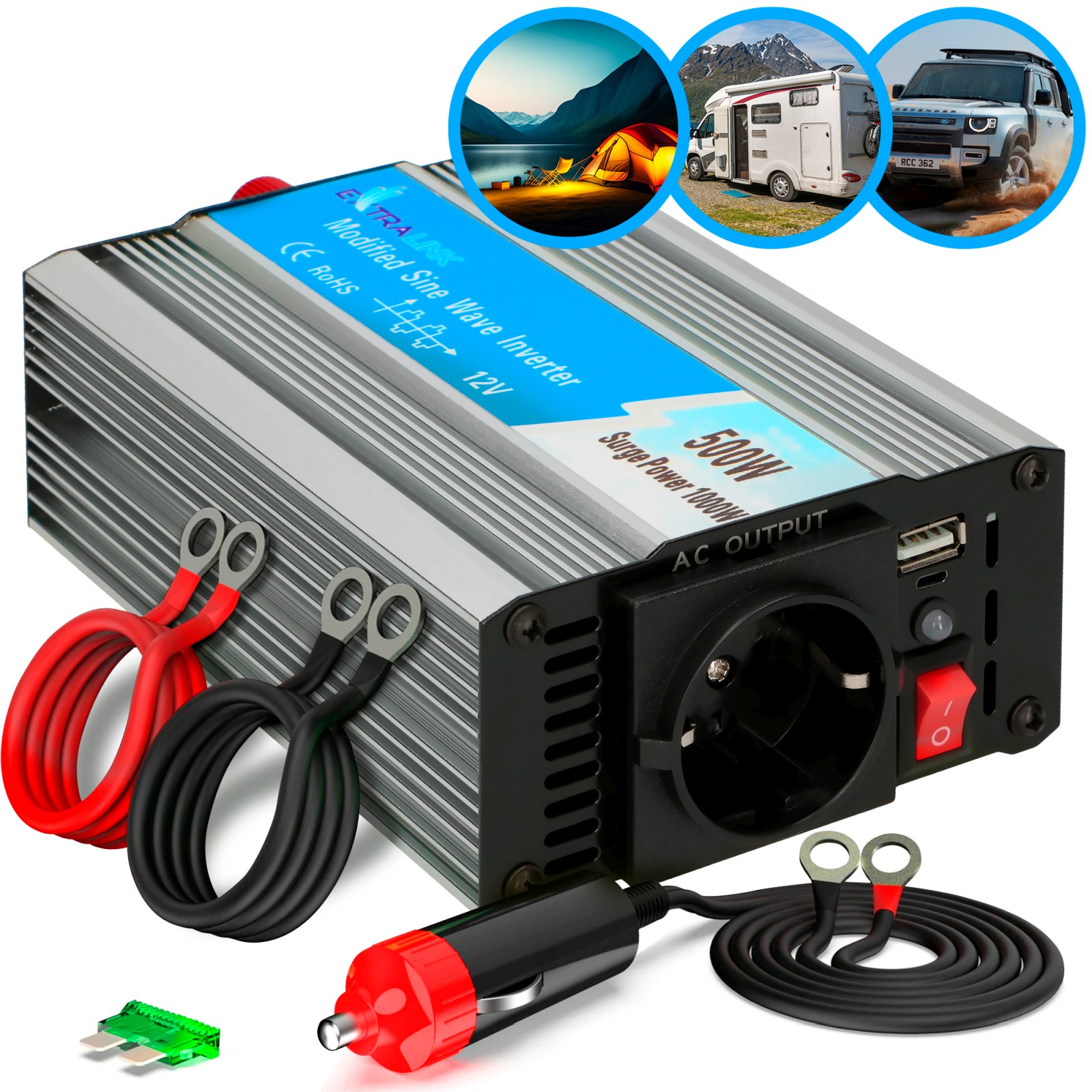 Extralink OPIM-500W | Car voltage converter | 12V, 500W modified sinus, USB-A, USB Type C