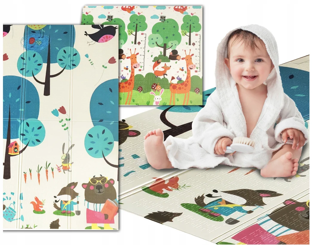 TWO-SIDED STIMULATING EDUCATIONAL MAT 180x200x1 CM FOLDABLE ANIMALS TREES BAGS