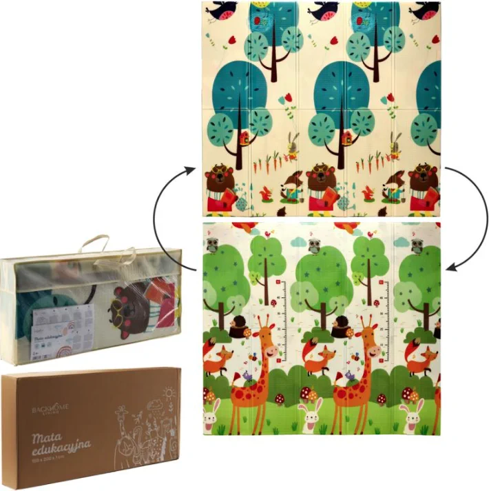 TWO-SIDED STIMULATING EDUCATIONAL MAT 180x200x1 CM FOLDABLE ANIMALS TREES BAGS