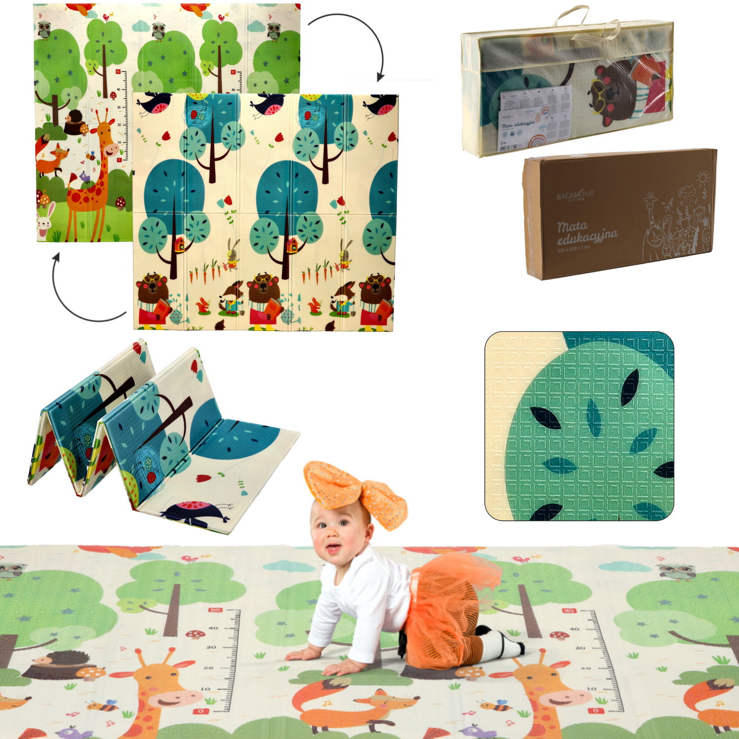Extralink Reversible Educational Play Mat, 180x200x1 cm Foldable Animals-Trees + Bag