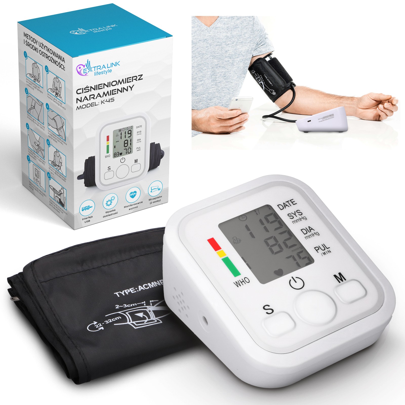 Extralink Smart Life K-4S Arm Blood Pressure Monitor, White