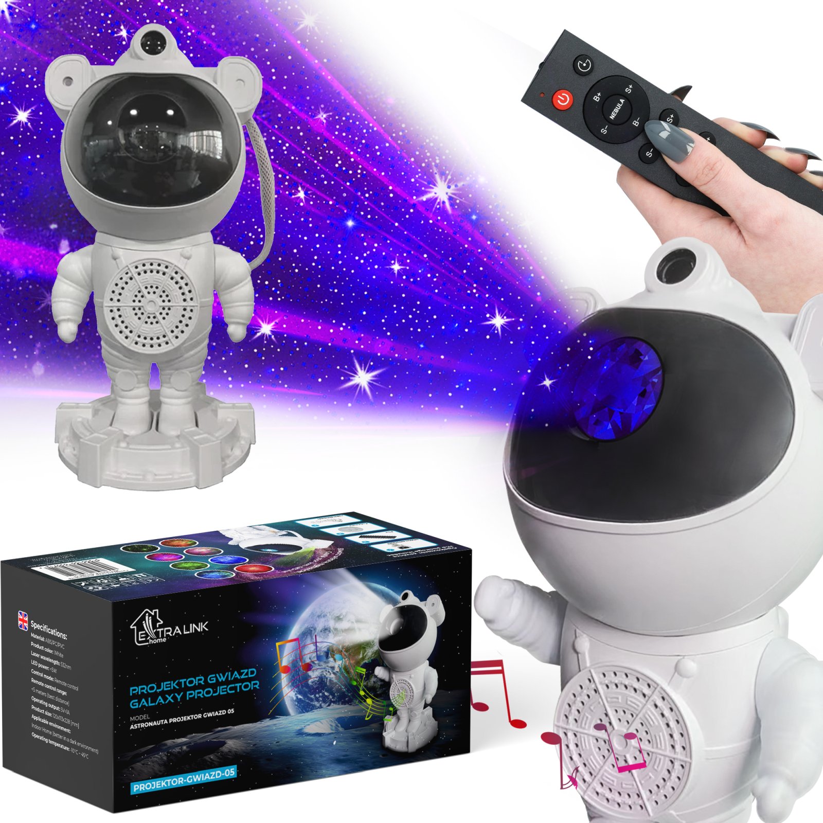 Night Light, Projector, Bluetooth Speaker Extralink Home Star Projector with Speaker, for Kids, Astronaut