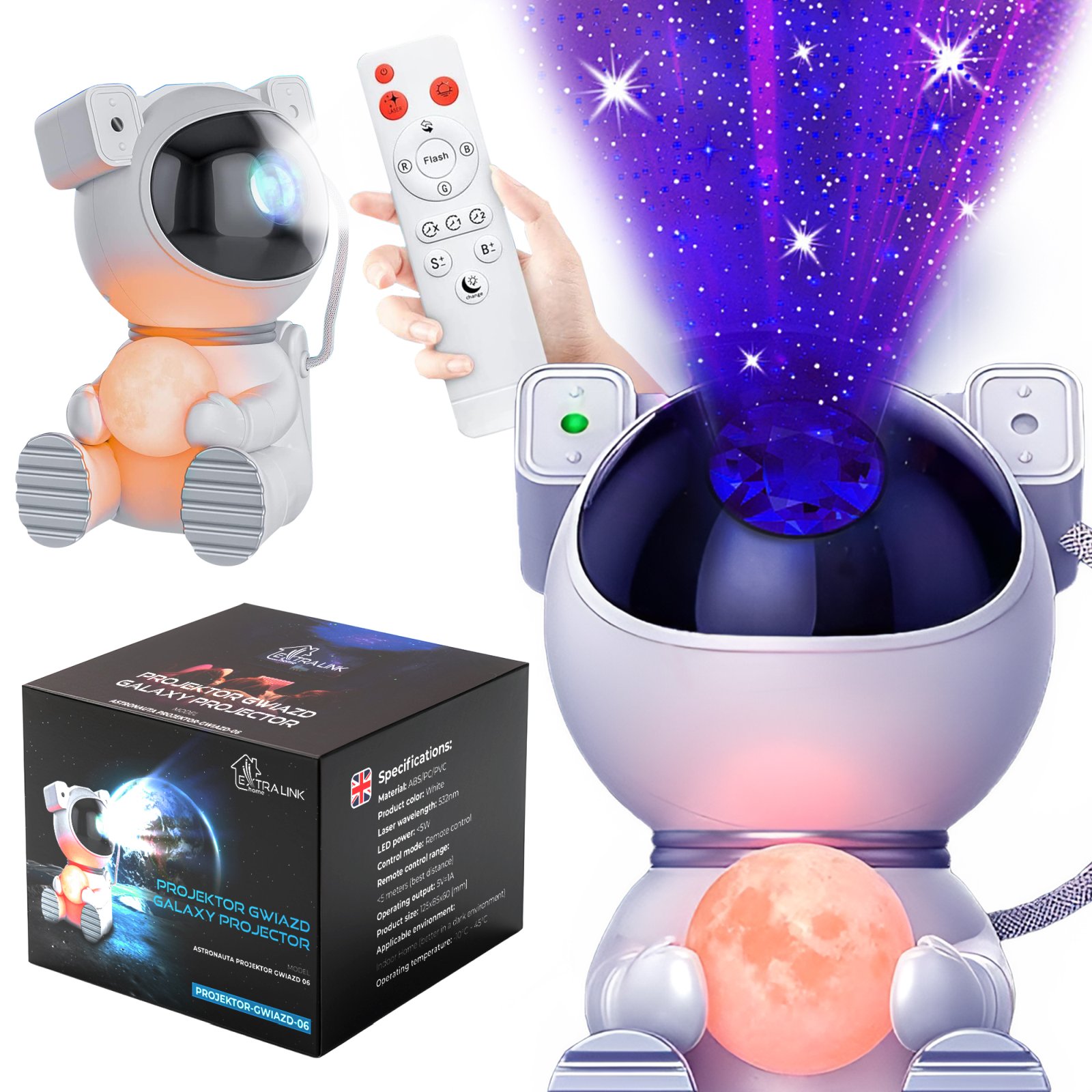 Night Light, Projector, Glowing Moon Extralink Home Star Projector with Moon, for Kids, Astronaut