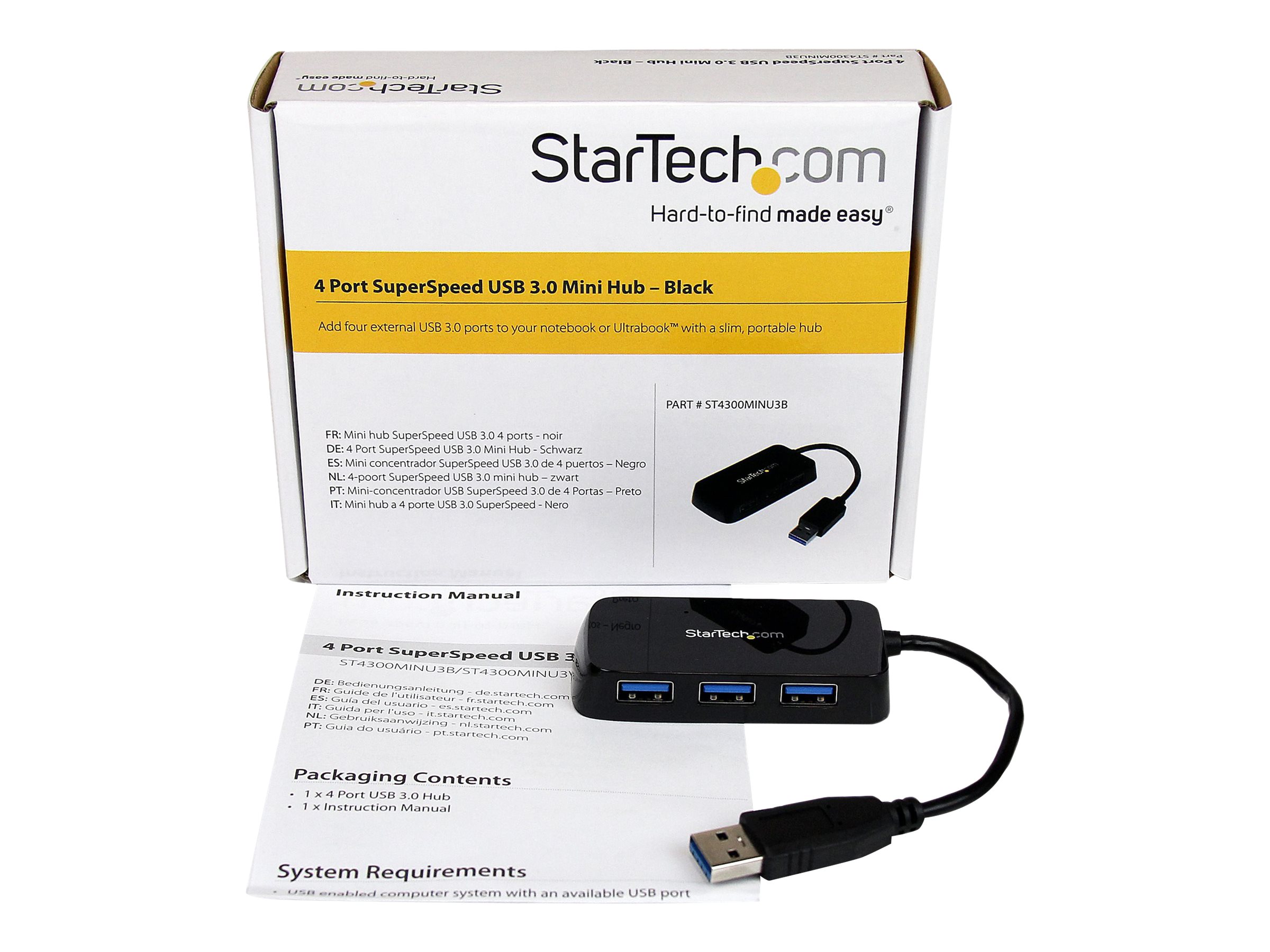 StarTech.com Portable 4 Port SuperSpeed Mini USB 3.0 Hub - Black~Portable 4 Port SuperSpeed Mini USB 3.0 Hub - 5Gbps - Black