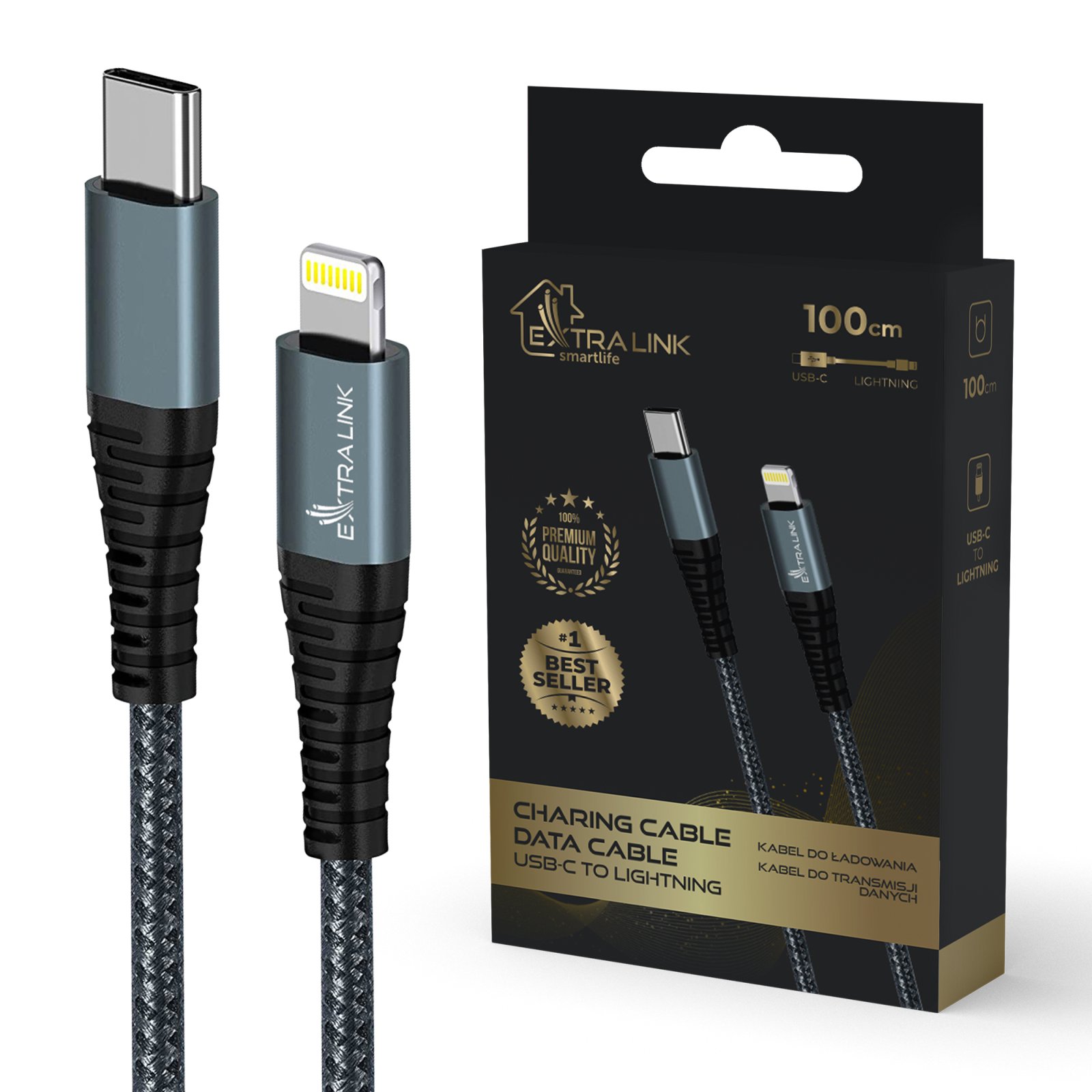 USB-C to Lightning Cable Extralink Smart Life Black, 100cm